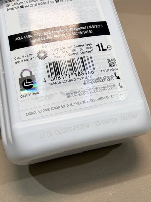 Моторное масло CASTROL GTX 5W40 A3/B4 SP VW50200/50500 BMW LL-01 MB226.5/229.3 RN0700/RN0710 (аналог 7711943691, 7711943689) 15F686 1л